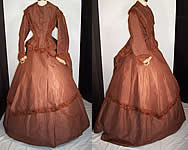 Victorian Brown Silk Fringe Bustle Hoop Skirt Apron Bodice Day Dress