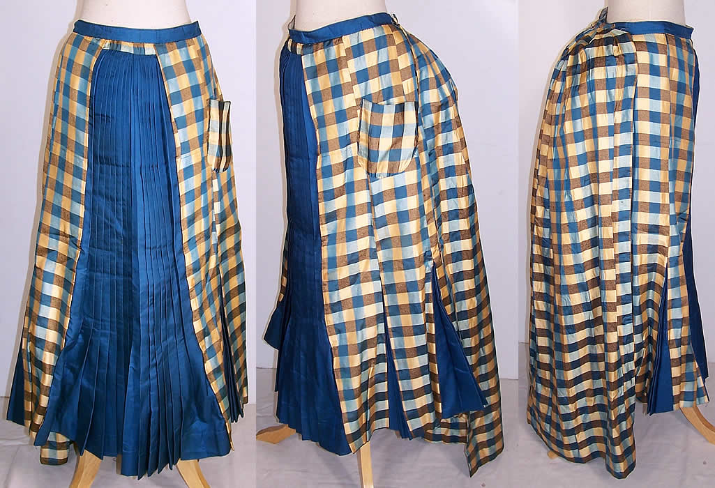 Victorian Girls Blue & Yellow Silk Plaid Pleated Bustle Skirt  Front view.