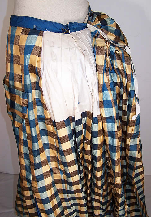 Victorian Girls Blue & Yellow Silk Plaid Pleated Bustle Skirt side view.