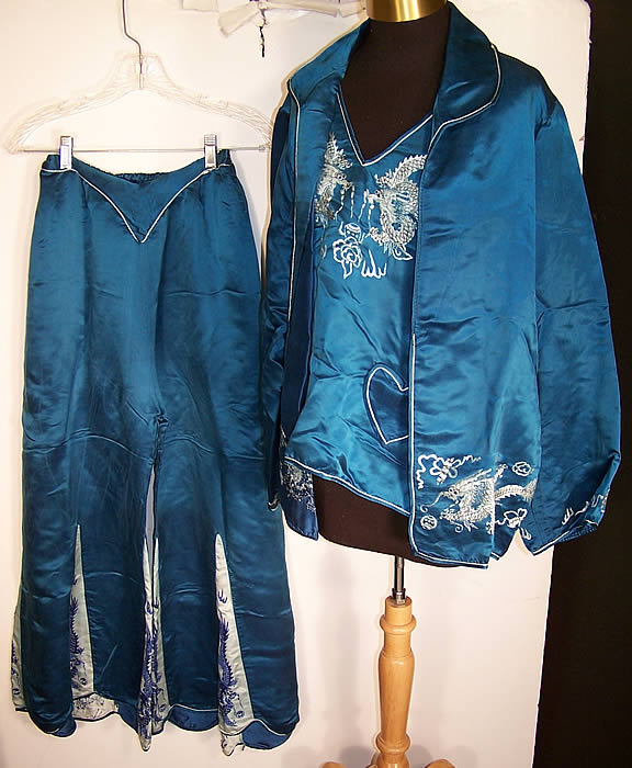 Vintage Blue Silk Embroidered Asian Dragon Pajamas Lounge Set