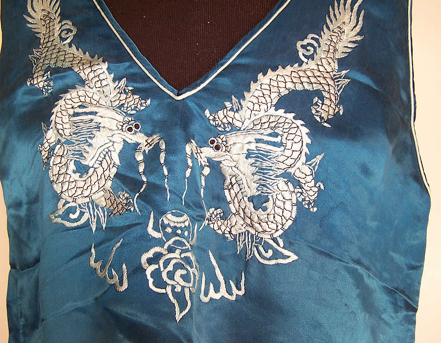 Vintage Blue Silk Embroidered Asian Dragon Pajamas Lounge Set Top close up