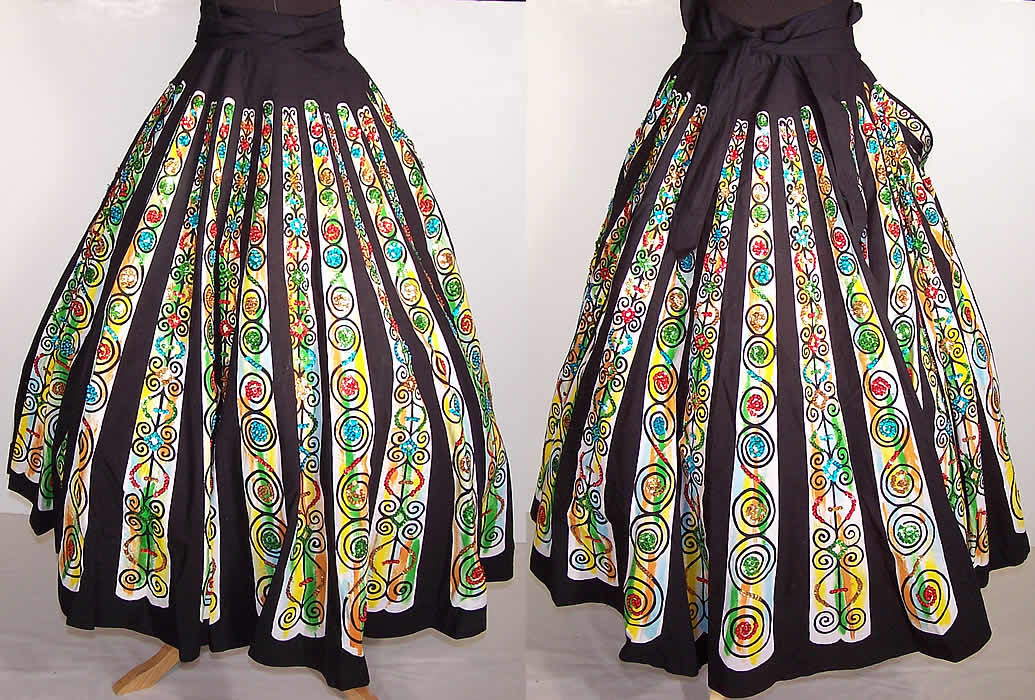  Unworn Vintage Hand Painted Colorful Sequin Mexican Circle Skirt Front view.