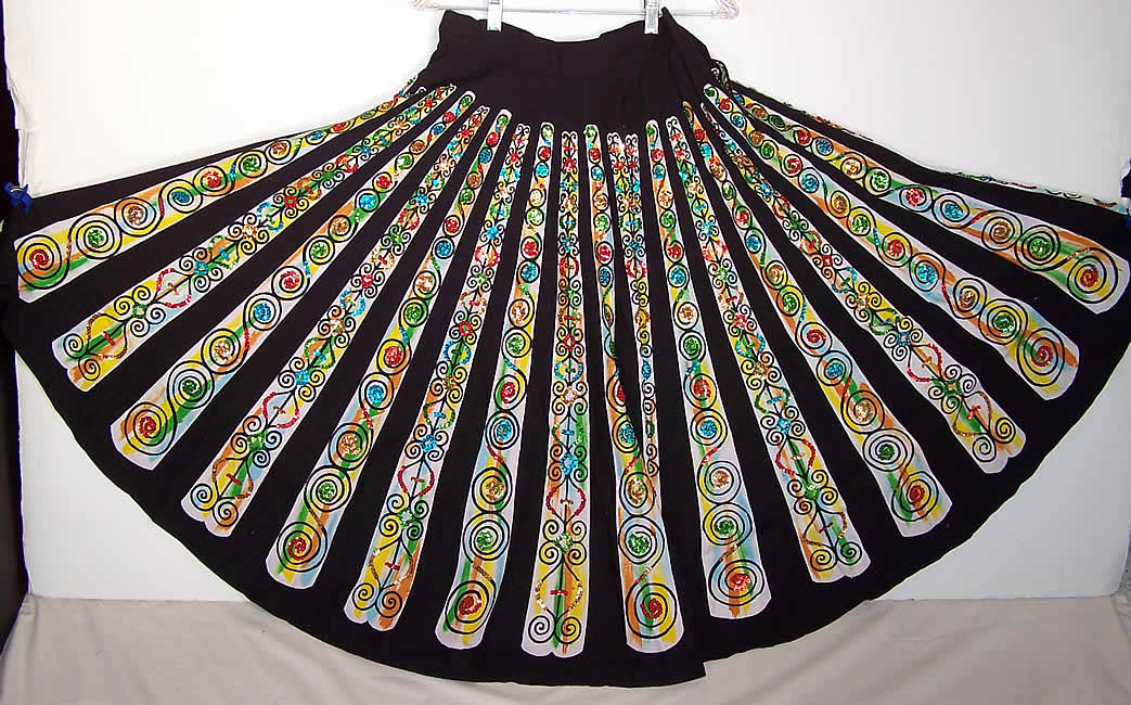 Unworn Vintage Hand Painted Colorful Sequin Mexican Circle Skirt Back View.