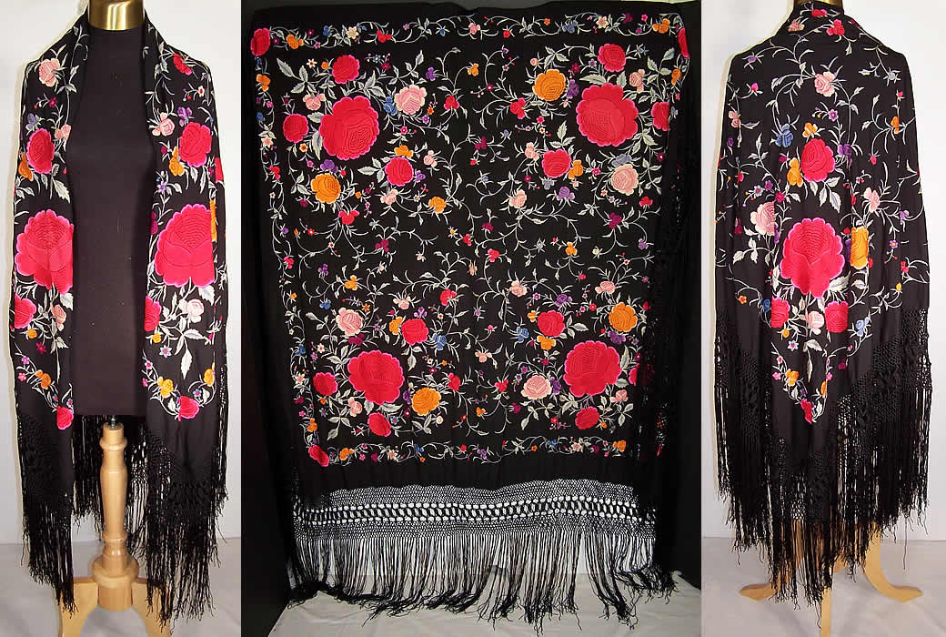 Antique Floral Red Roses Black Silk Embroidered Canton Piano Shawl  Front view.