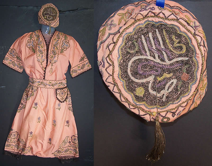 Turkish Ottoman Tugra Silk Metallic Embroidered Outfit Harem Pants Robe Belt & Fez 