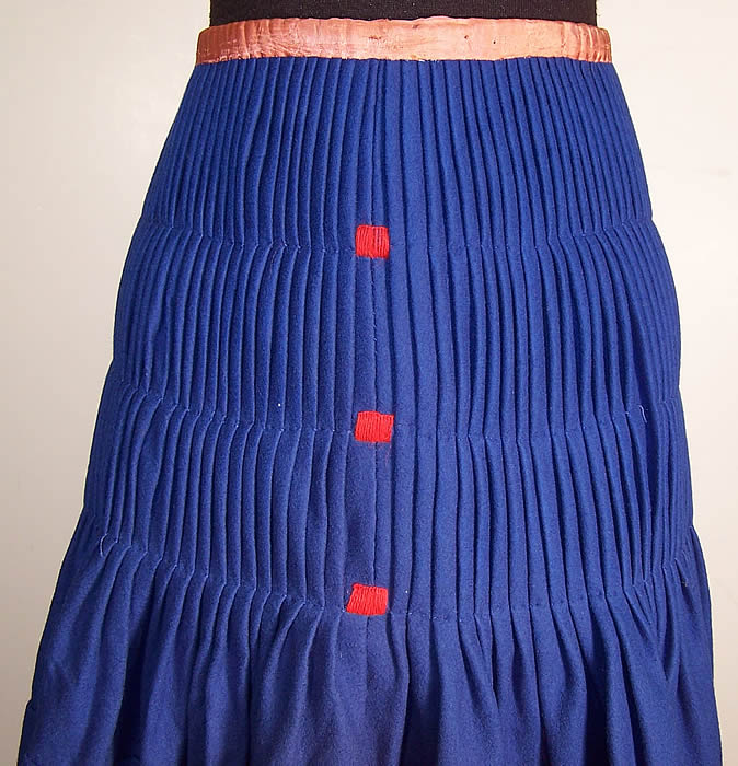 Vintage Czech Bohemia Folk Costume Blue Pleated Embroidered Ribbon Skirt close up