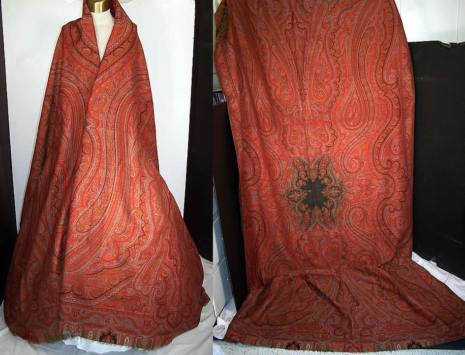 Victorian Antique Large Banquet Size Jacquard Hand Loom Wool Paisley Shawl