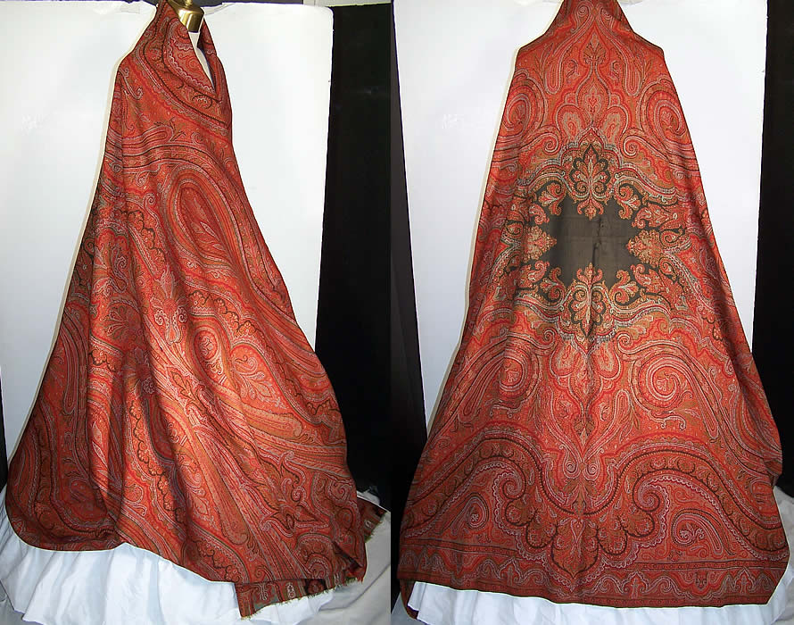 Victorian Antique Large Banquet Size Jacquard Hand Loom Wool Paisley Shawl