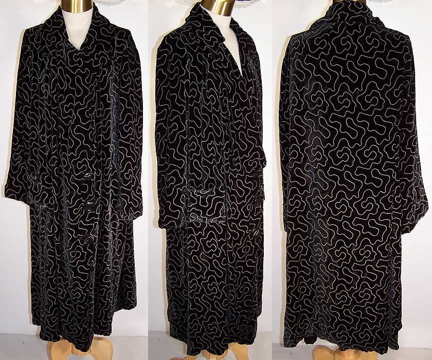 Vintage Art Deco Black Velvet White Painted Evening Cocoon Opera Coat