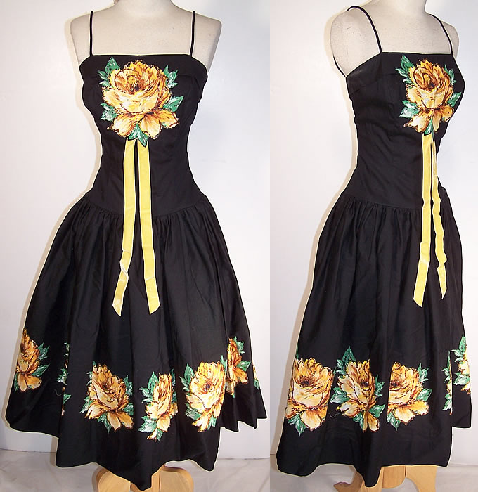 Vintage Jackie Morgan California Yellow Rose Applique Circle Skirt Dress