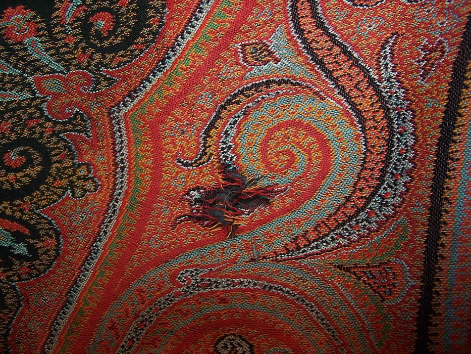 Victorian Antique Large Banquet Size Jacquard Hand Loom Wool Paisley Shawl small hole