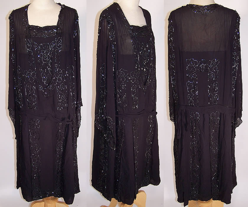 Vintage Art Deco Blue Silk Chiffon Beaded Flower Flapper Dress Kimono Sleeve