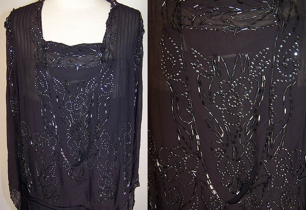 Vintage Art Deco Blue Silk Chiffon Beaded Flower Flapper Dress Kimono Sleeve close up extreme close up
