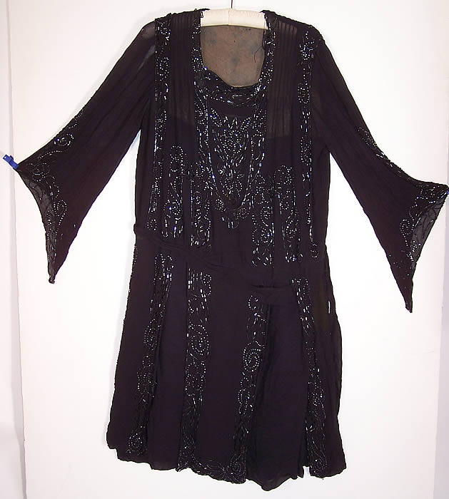 Vintage Art Deco Blue Silk Chiffon Beaded Flower Flapper Dress Kimono Sleeve