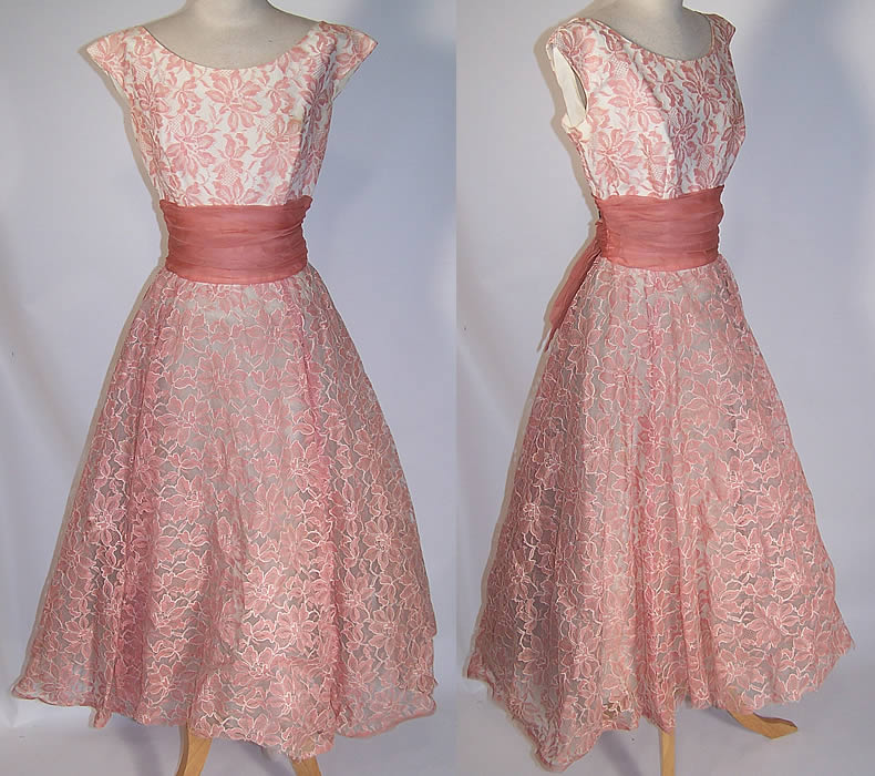 Vintage Pink & White Tulle Net Lace Circle Skirt Dress Formal 