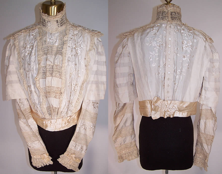 Edwardian Canton Shawl White Silk Embroidered Lace Wedding Bodice Blouse