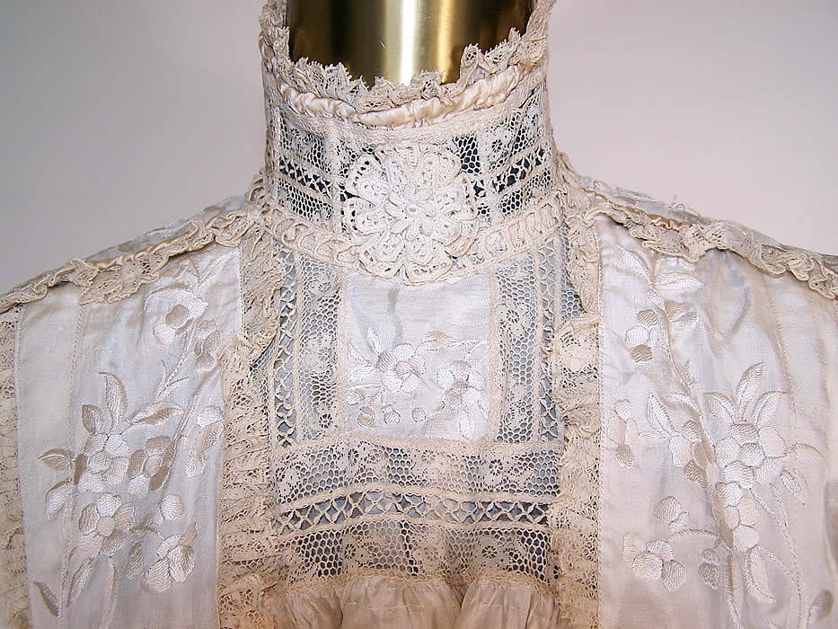 Edwardian Canton Shawl White Silk Embroidered Lace Wedding Bodice Blouse close up