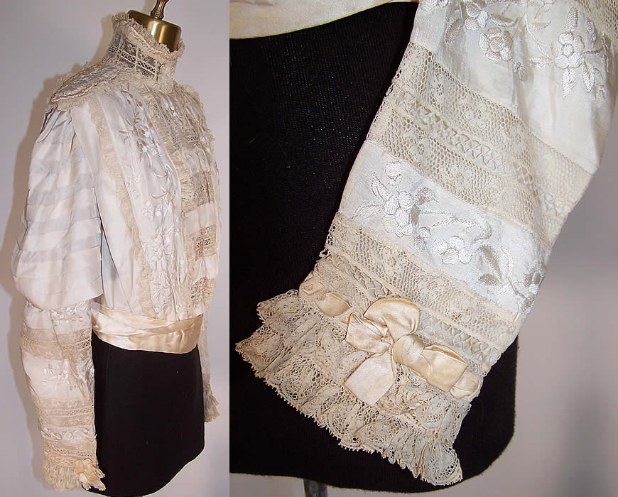 Edwardian Canton Shawl White Silk Embroidered Lace Wedding Bodice Blouse side view / sleeve close up
