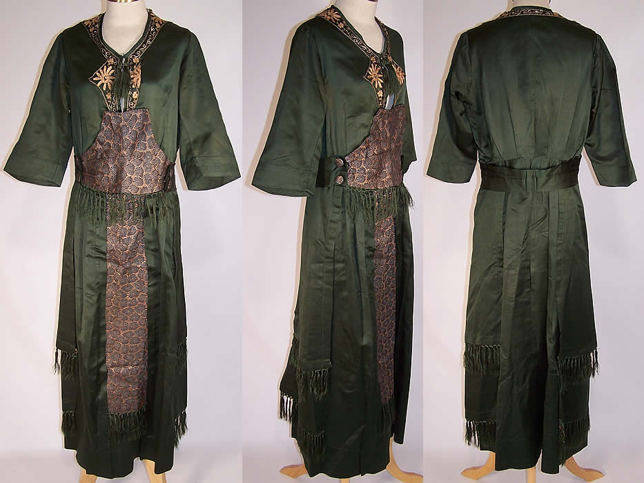 Edwardian Titanic Green Silk Gold Lam&eacute; Embroidered Net Fringe Gown Dress