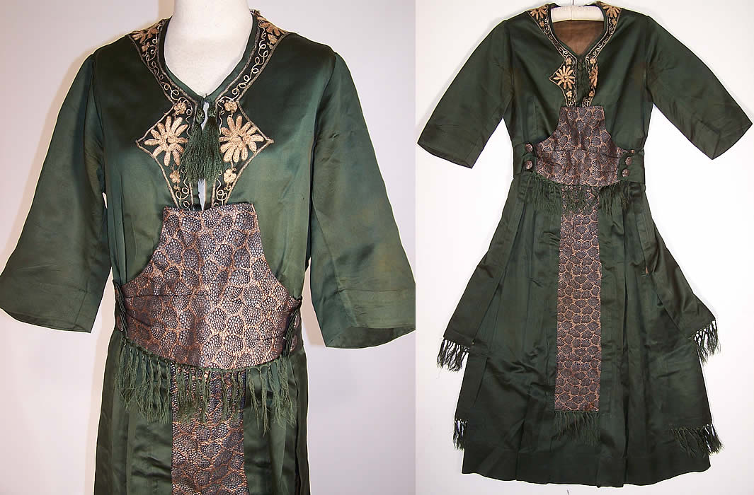Edwardian Titanic Green Silk Gold Lam&eacute; Embroidered Net Fringe Gown Dress close up and hanging