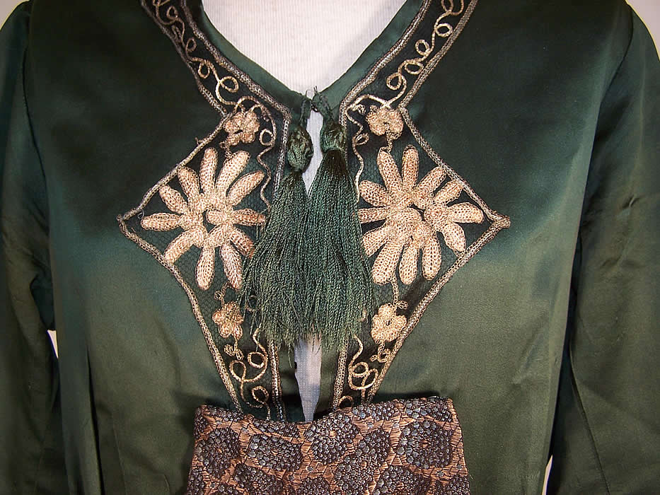 Edwardian Titanic Green Silk Gold Lam&eacute; Embroidered Net Fringe Gown Dress extreme close up