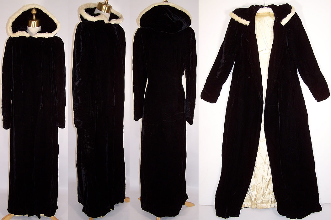 Vintage Black Velvet White Ermine Fur Hooded Evening Opera Coat