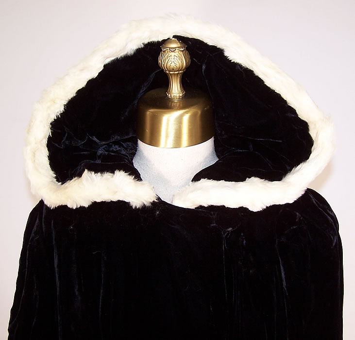 Vintage Black Velvet White Ermine Fur Hooded Evening Opera Coat close up 
