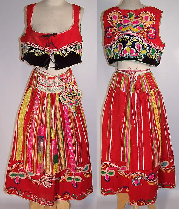 Vintage Portuguese Folk Costume Embroidered Wool Vest Skirt Apron Purse