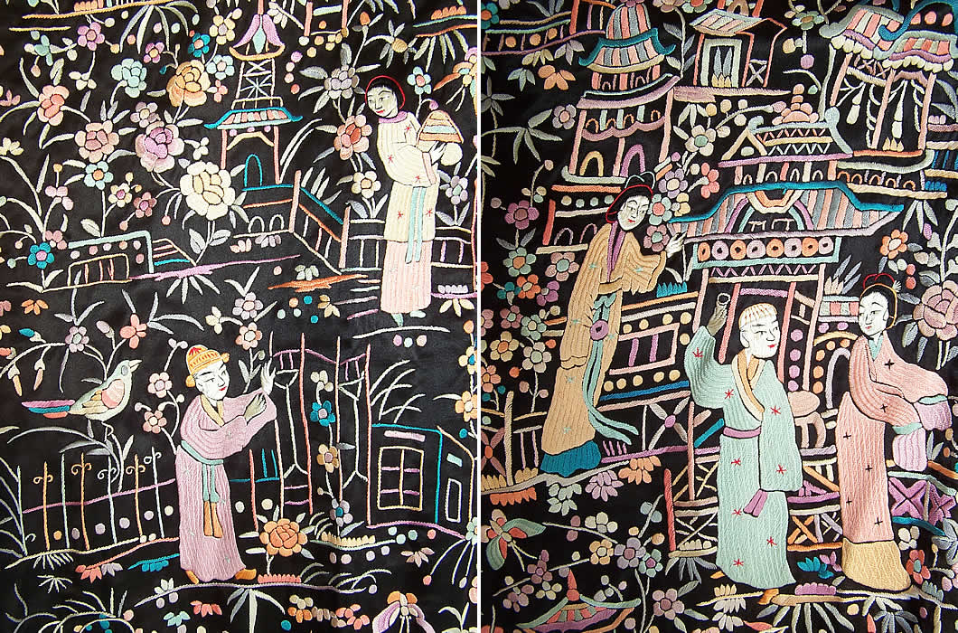 Antique Chinese Figural Peacock Silk Embroidered Canton Piano Shawl Robe Coat two close ups.