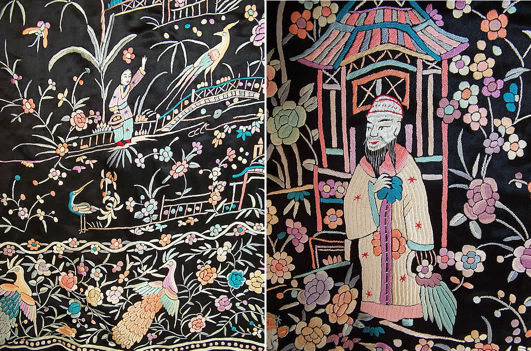 Antique Chinese Figural Peacock Silk Embroidered Canton Piano Shawl Robe Coat two close ups.