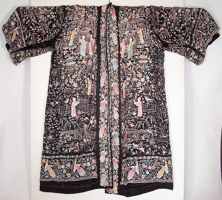 Antique Chinese Figural Peacock Silk Embroidered Canton Piano Shawl Robe Coat