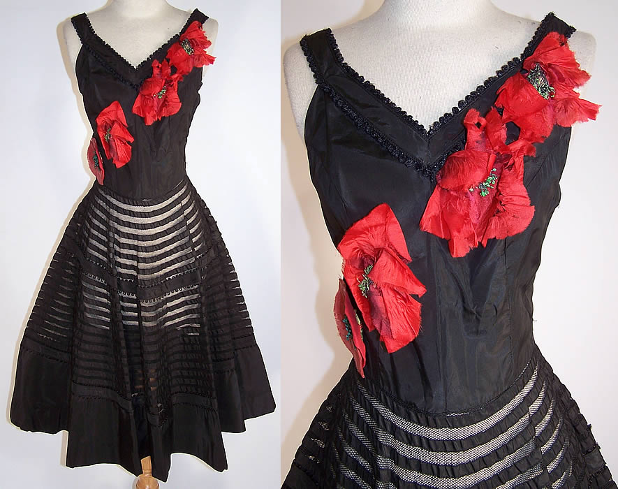 Vintage Black Silk Taffeta Net Red Poppy Flower Circle Skirt Dres Front view and closer up
