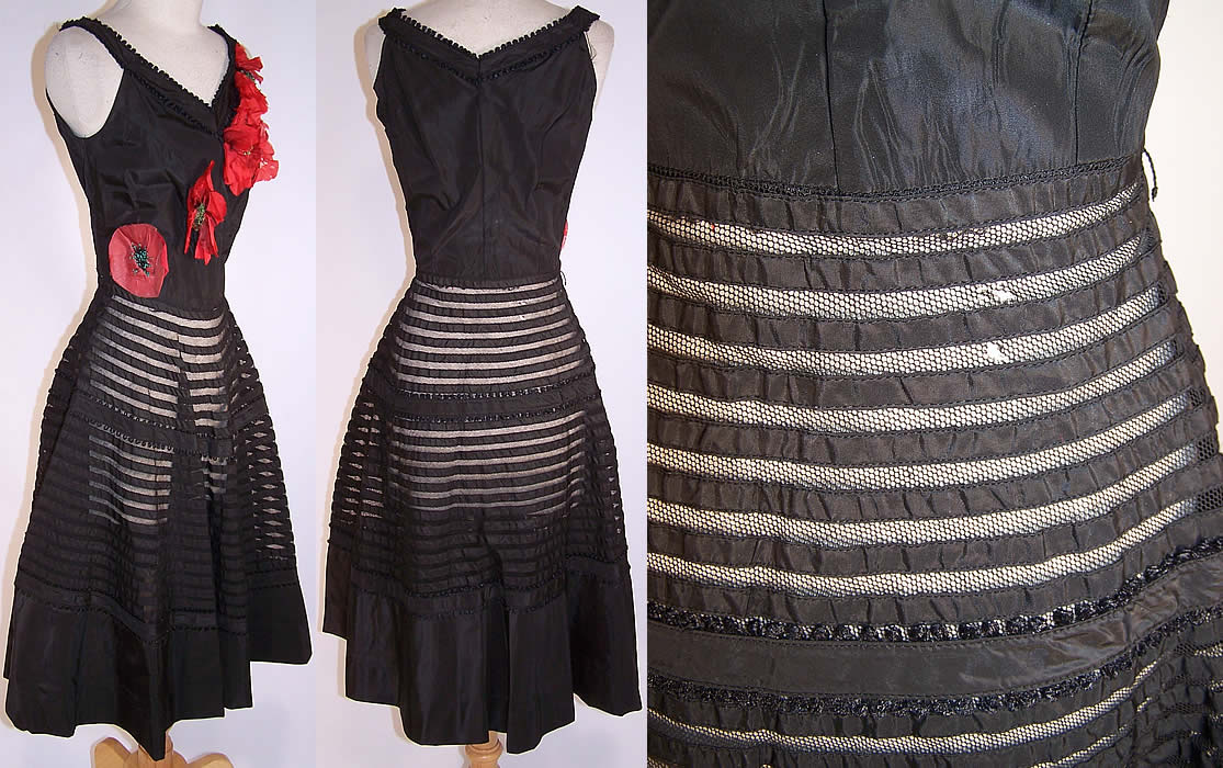 Vintage Black Silk Taffeta Net Red Poppy Flower Circle Skirt Dress side, back view & close up with only a few tiny pin holes in the net skirt