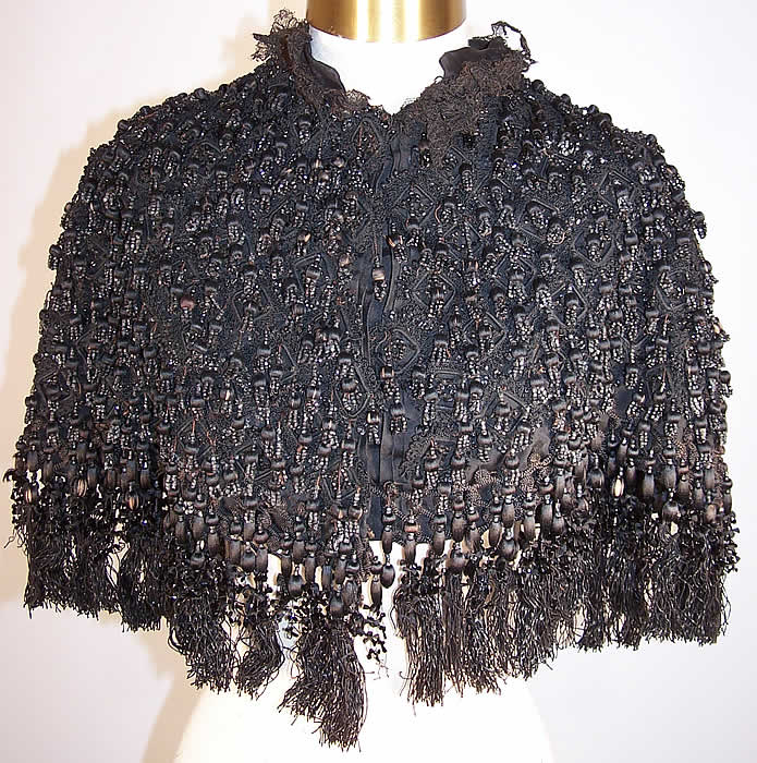 Victorian Black Silk Tassel Jet Beaded Mantle Cape Capelet Cloak Front view.