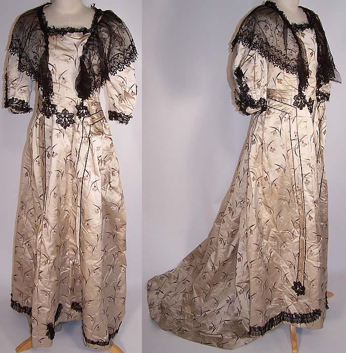 Victorian Floral Silk Brocade Black Lace Bustle Ball Gown Skirt Train Dress  front and side view