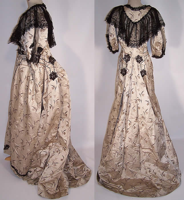 Victorian Floral Silk Brocade Black Lace Bustle Ball Gown Skirt Train Dress side & back View.