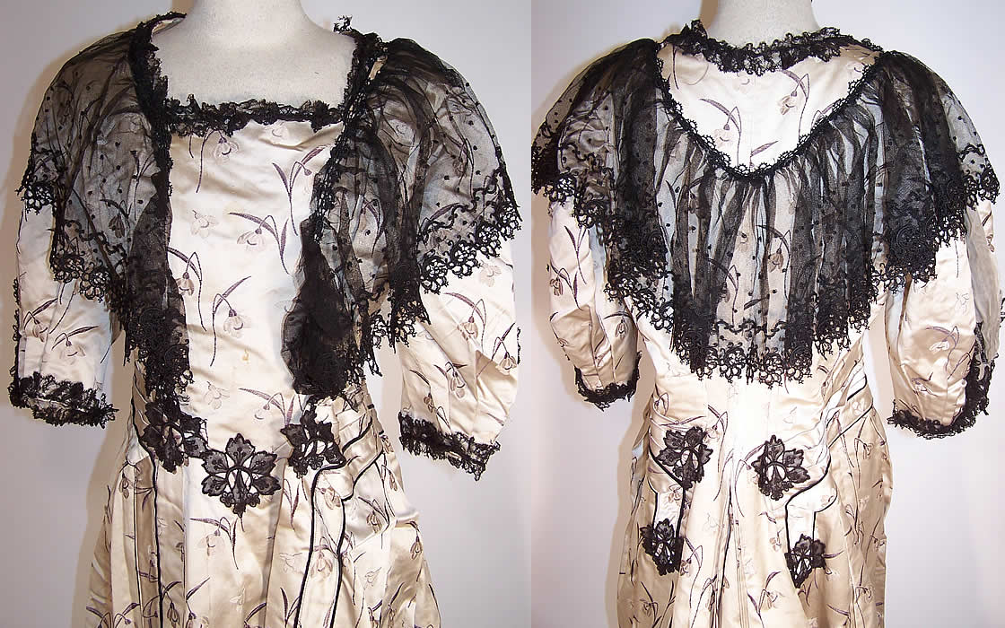 Victorian Floral Silk Brocade Black Lace Bustle Ball Gown Skirt Train Dress close up front & back