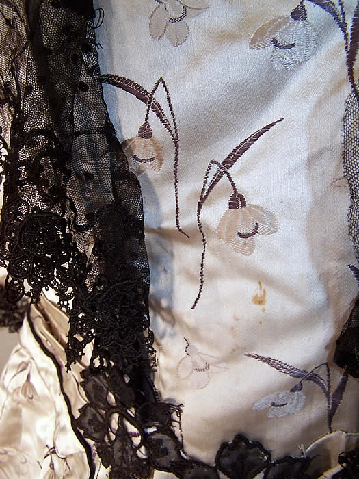 Victorian Floral Silk Brocade Black Lace Bustle Ball Gown Skirt Train Dress some faint age spotting on the front bodice and skirt