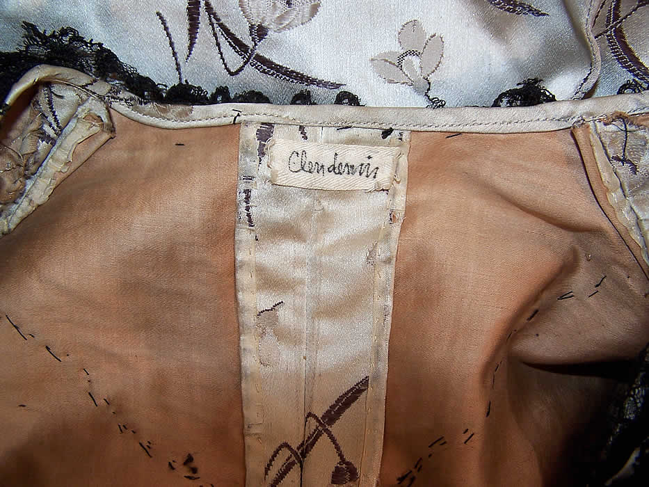 Victorian Floral Silk Brocade Black Lace Bustle Ball Gown Skirt Train Dress label close up