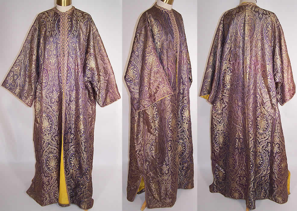 Vintage Purple Gold Lam&eacute; Silk Brocade Boho Kaftan Robe Coat