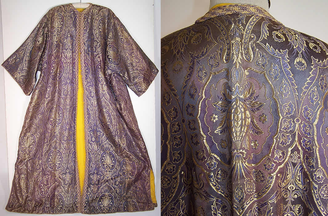 Vintage Purple Gold Lam&eacute; Silk Brocade Boho Kaftan Robe Coat & back close up