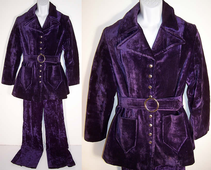 Vintage Purple Plush Velvet Mod Disco Pimp Leisure Suit Belted Jacket Pants Front views