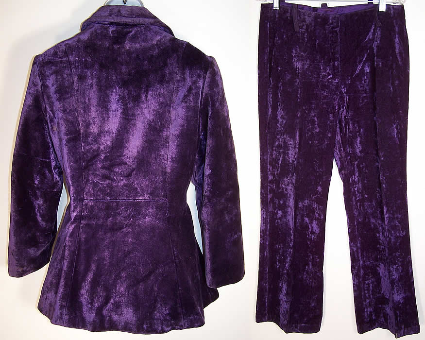 Vintage Purple Plush Velvet Mod Disco Pimp Leisure Suit Belted Jacket back & Pants