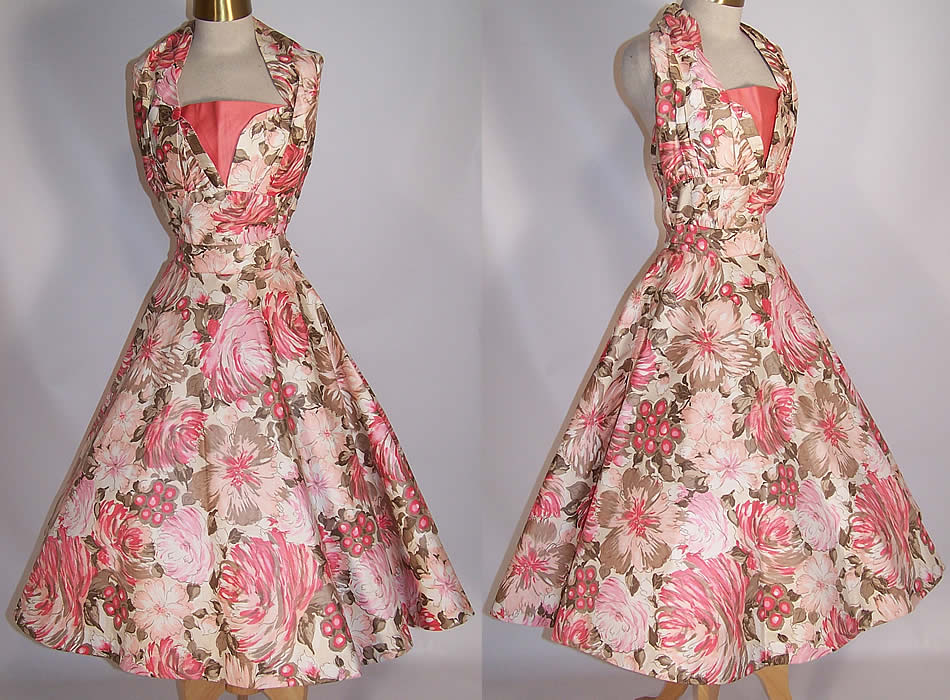 Vintage Coral Pink Floral Print Cotton Halter Top Circle Skirt Dress