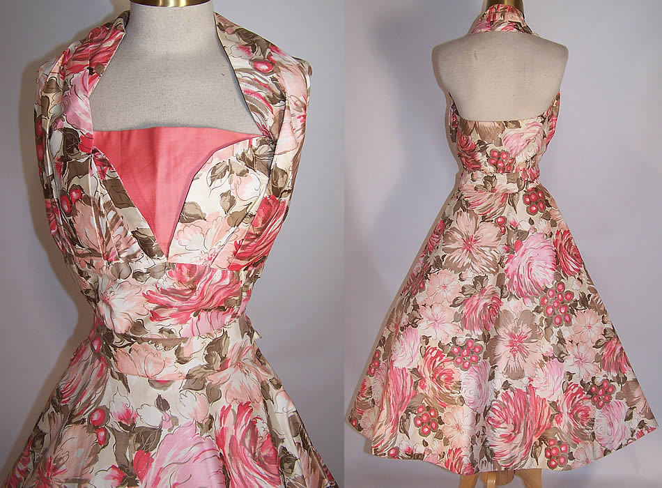 Vintage Coral Pink Floral Print Cotton Halter Top Circle Skirt Dress close up top & back view