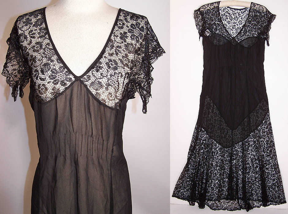 Vintage Sheer Black Silk Chiffon Lace Bias Cut Slip Dress 