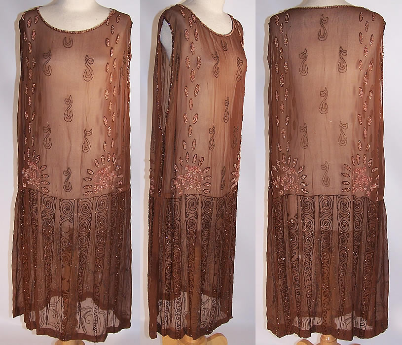 Art Deco Brown Silk Chiffon Pink Shell Beaded Drop Waist Flapper Dress