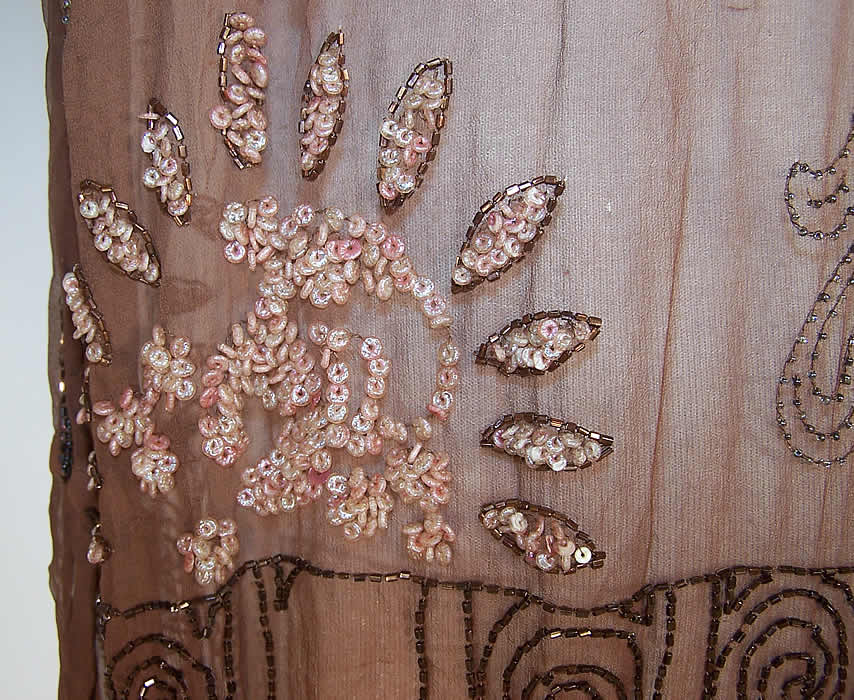 Art Deco Brown Silk Chiffon Pink Shell Beaded Drop Waist Flapper Dress close up beading