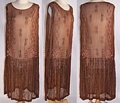 Brown Silk Chiffon Pink Shell Beaded Drop Waist Flapper Dress
