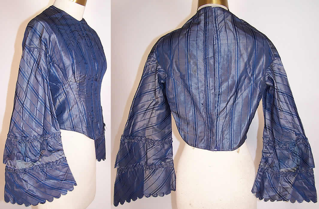 Victorian Iridescent Cornflower Blue Silk Stripe Pagoda Sleeve Bodice Top side & back views